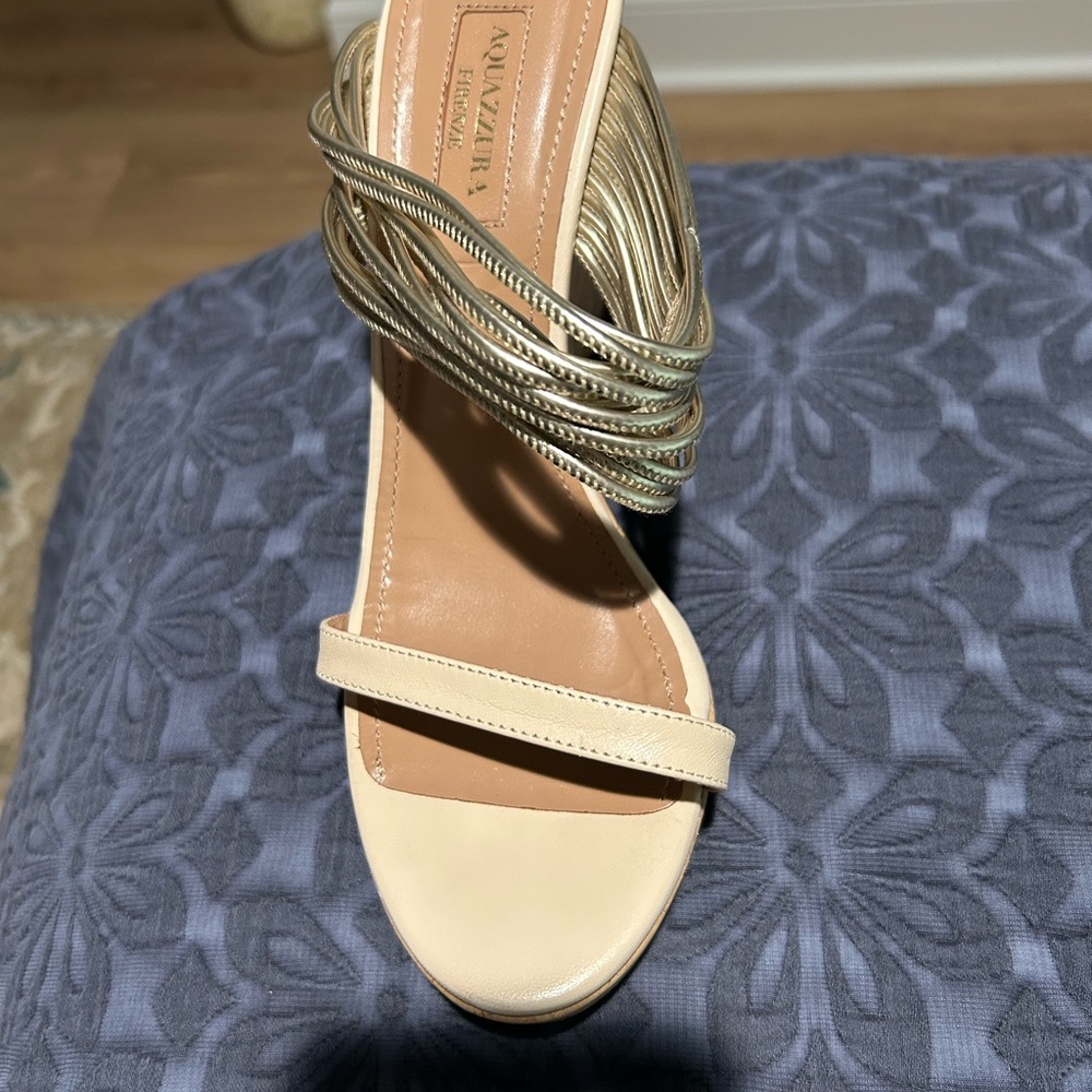Aquazzura Gold and Cream Heels with Elegant Twisted Straps